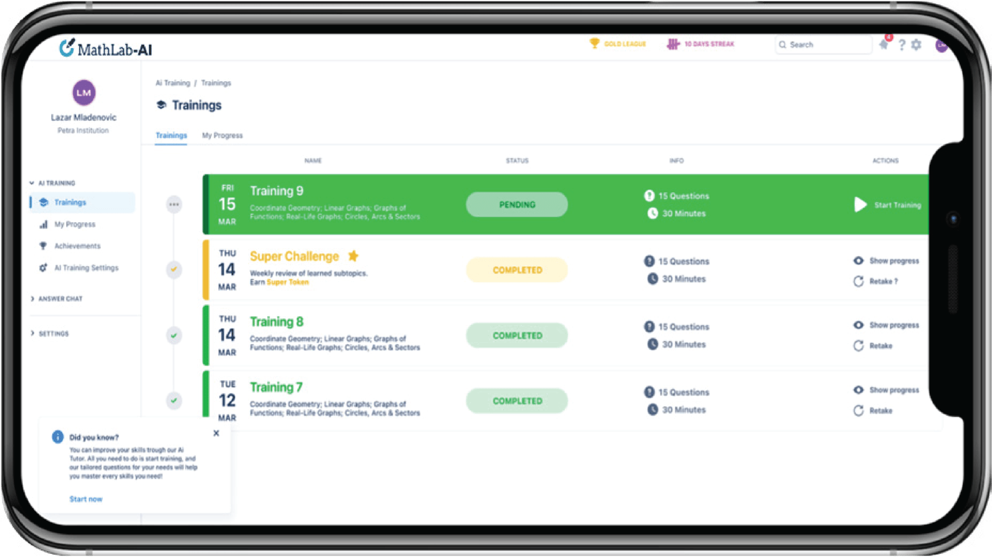 MathLab-AI training dashboard showing a list of math lessons with progress status, completion badges, and lesson details.