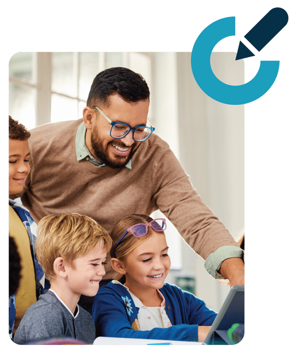 Teacher helping young students use a tablet in a classroom