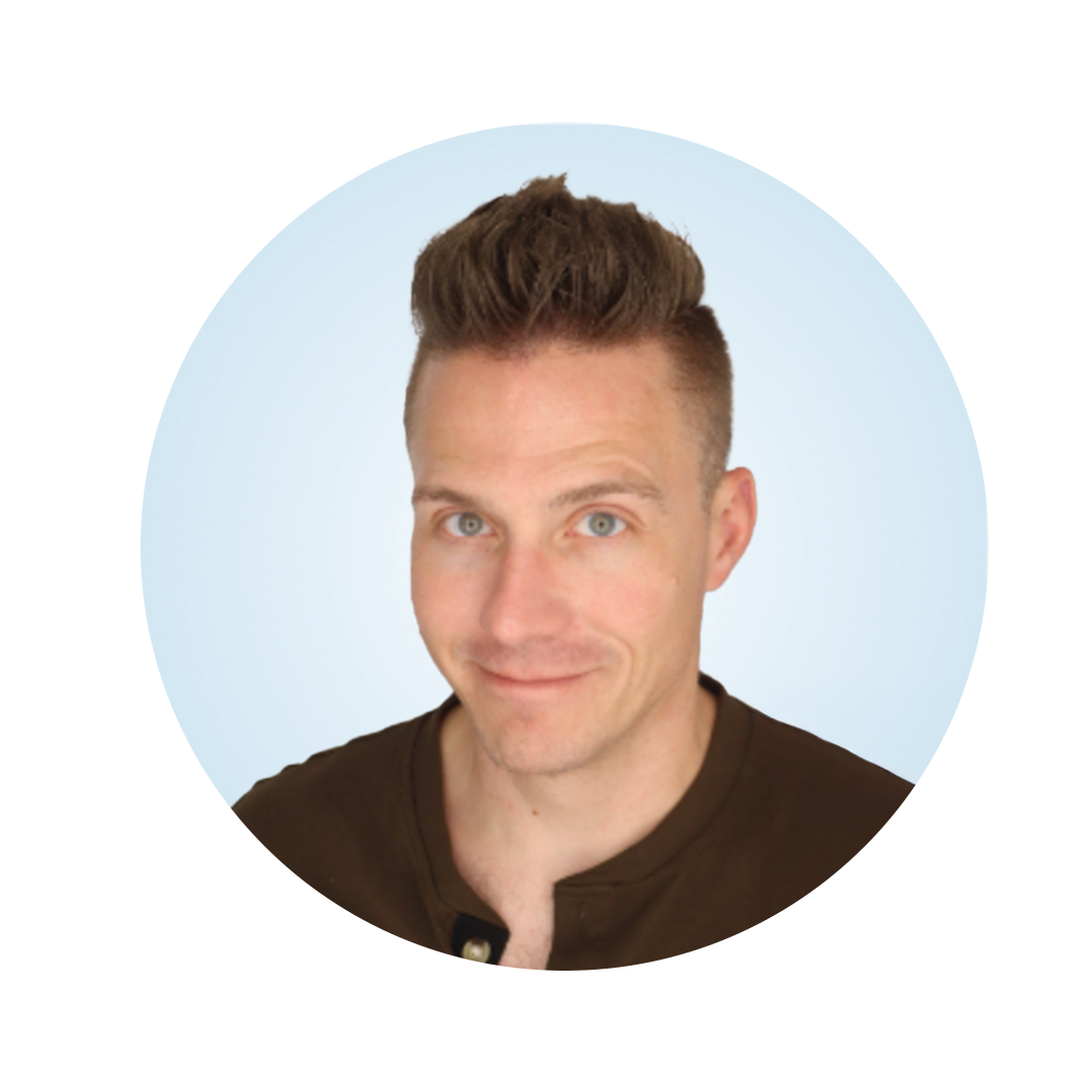 Head-and-shoulders portrait of a man with short styled light brown hair and blue eyes, wearing a brown shirt, against a light blue circular background.