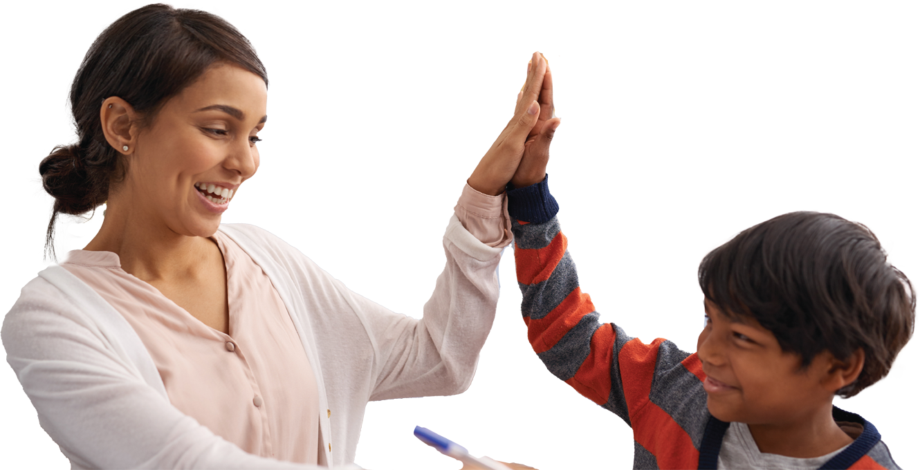 Teacher and young student smiling and giving a high five, celebrating a learning success together.