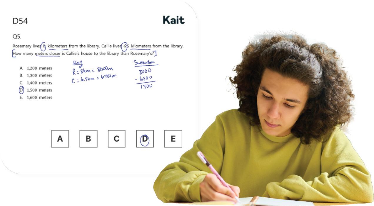Student writes in a notebook while reviewing a digital math assessment question that shows a word problem, handwritten calculations, and a selected multiple-choice answer.